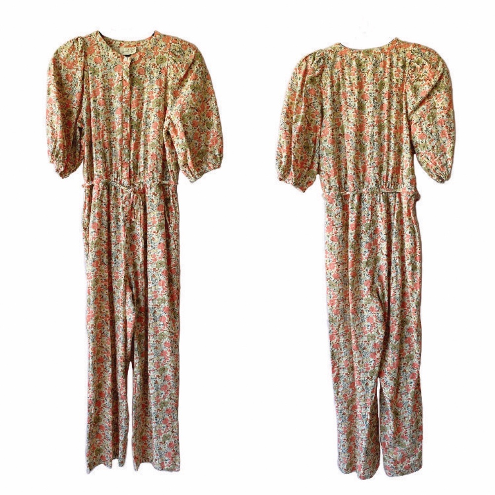 Universal Thread Floral Puff-Sleeve Jumpsuit in Green & Pink